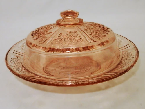 Pink Depression Glass Round Butter Dish with Lid, Cabbage Rose, Federal Glass