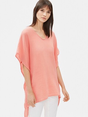 EILEEN FISHER Woven Organic Cotton Lofty Gauze V-Neck Peach Caftan NWT XXS/XS