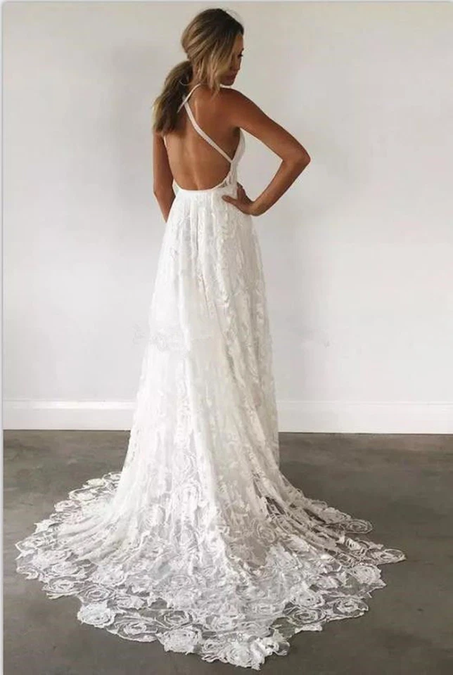 Empire Spaghetti Lace Beach Wedding Dresses Open Back Bridal Gown Size Custom - Image 3 of 4