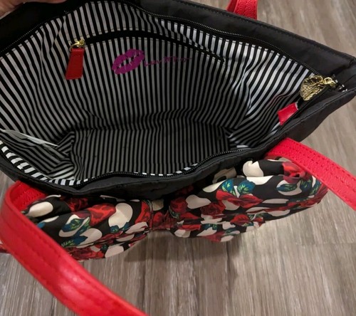 Luv Betsey Johnson Shoulder Tote Bag Rose Quilted Hearts Big Bow Purse Black - Picture 10 of 19