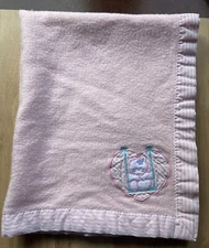 Vintage Cuddle Time Baby Blanket 100% Acrylic Pink Bear Applique Striped Binding