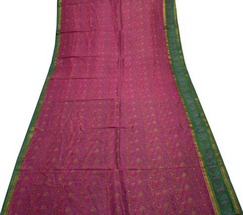 Sushila Vintage Pink Scrap Saree 100% Pure Silk Printed Floral Sari Fabric - Picture 7 of 11