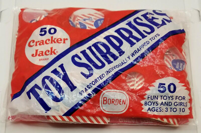 Vintage Bag Of 50 CRACKER JACK TOY SURPRISES PLASTIC PRIZES, IRON-ONS, TATTOOS