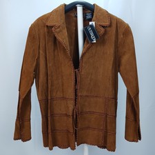 New Outbrook Women L (12/14) Open Front Suede Brown Leather Jacket Tie Patchwork