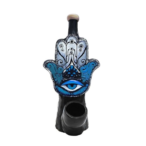 Blue Hamsa Hand Handmade Tobacco Smoking Hand Pipe Spiritual Evil Eye of Fatima - Picture 1 of 7