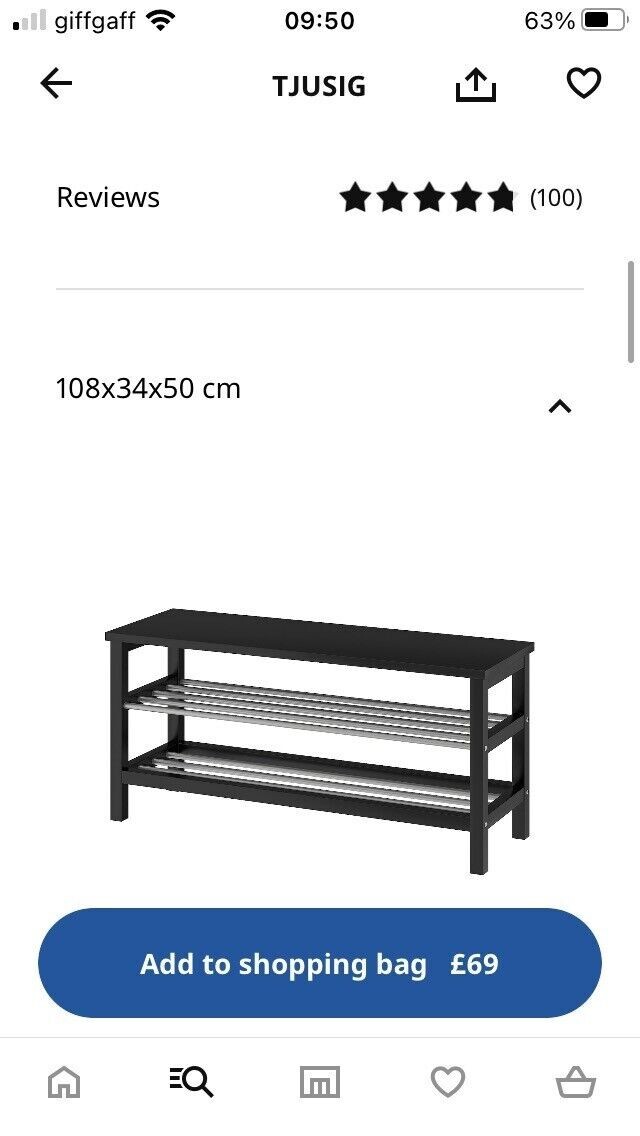 IKEA Tjusig Bench with shoe storage Black (RRP £69) 108x34x50 cm eBay