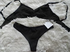 ONDADE MAR BLACK MESH SHIMMER BRA & THONG PANTY SET NWT 34B/MEDIUM LINGERIE