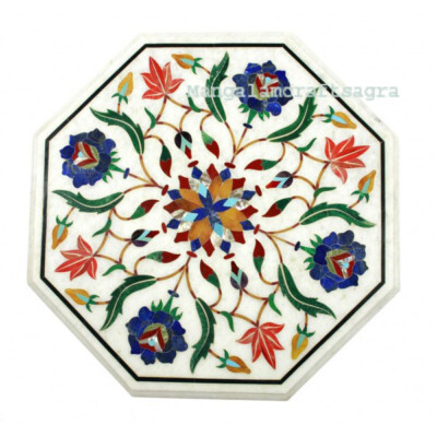 18'' Marble Corner Table Top semi precious stones inlay Handmade Work Home Decor