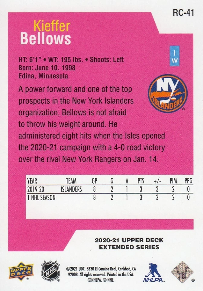 2020-21 Kieffer Bellows UD Extended Series Rookie Class SE Hockey Card #RC-41 - Image 2 of 2