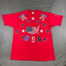Vintage Jerzees USA Patriotic T-Shirt XL Red Glitter Stars Bows Made In USA