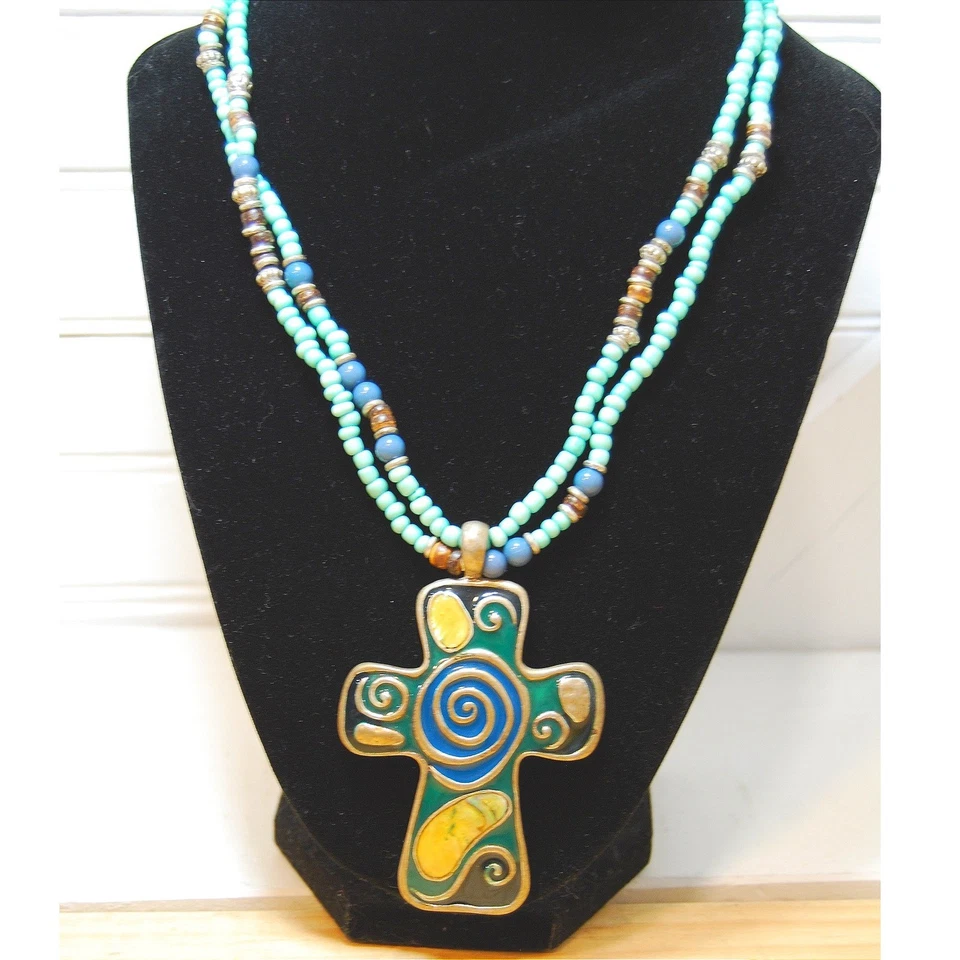 Y2K Collar Cruz Colgante Cuentas Esmalte Ajustable Azul Tono Plata Foto 2 de 4
