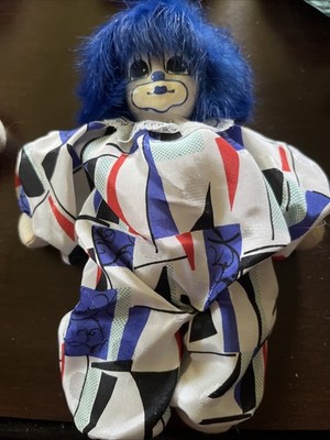 Vtg Q-Tee Clown Sand Doll Tye Red Blue Rabbit Fur Hair Hand Painted 6 Inche Tags