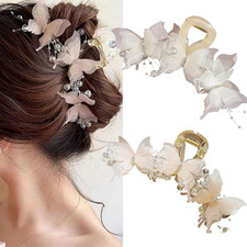 2 Pcs Large Butterfly Hair Clips Elegant Pink White Pearl Rhinestone Butterfly C