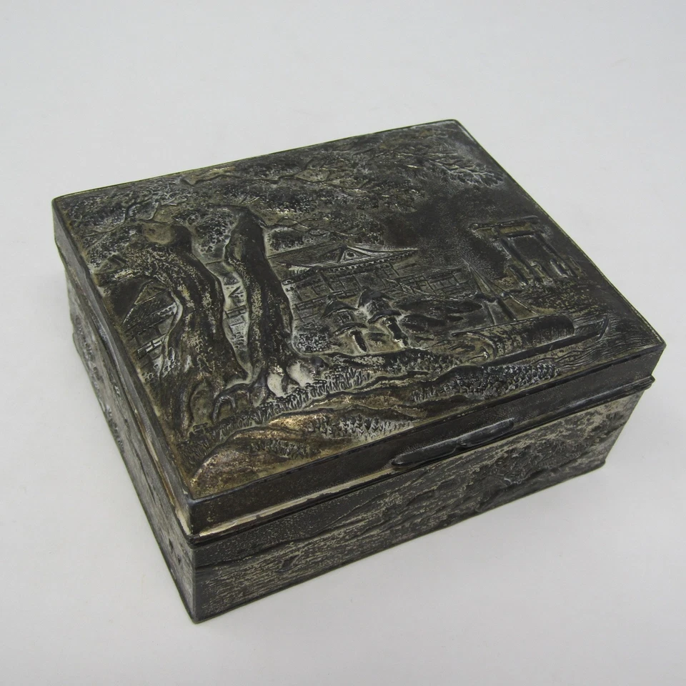 Vintage Japanese Metal Trinket Box Pagoda Tree Wood Lined Container 3" Japan - Image 1 of 4