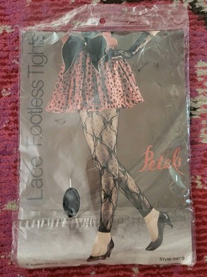 VTG Ladies black lace 1 size womens footless tights bows fishnet 1980s glamour