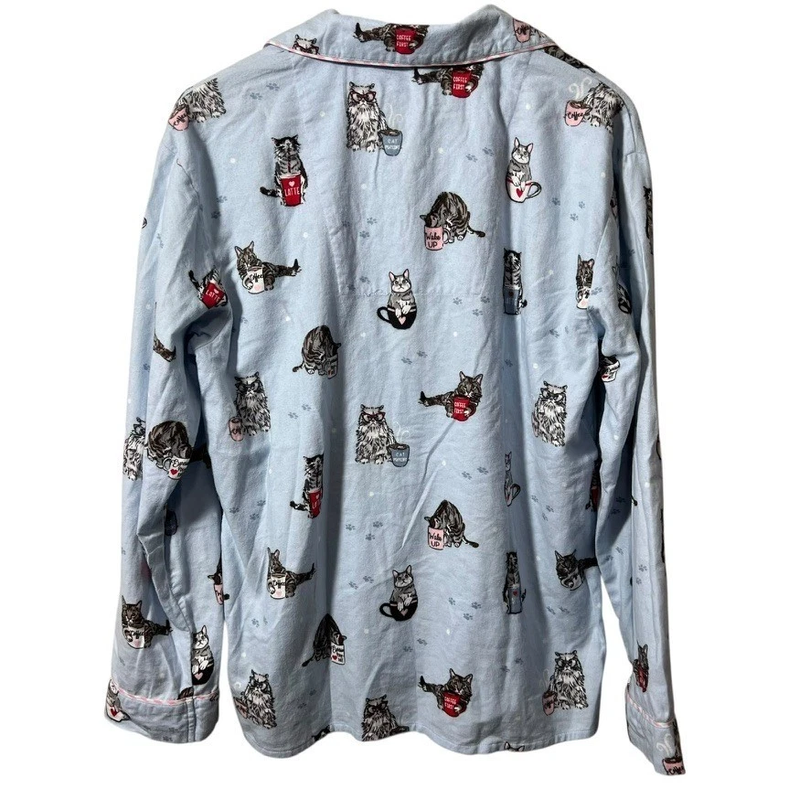 Pijama PJ Salvage estampa de gato top café e cochilos de gato botão azul frontal P - Imagem 4 de 4