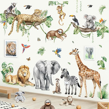 Large Jungle Animals Tree Branch Wall Stickers Safari Elephant Giraffe Leopar...