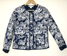 Rachel Zoe Floral Quilted 100% Cotton Button Front Jacket Size Medium Blue White