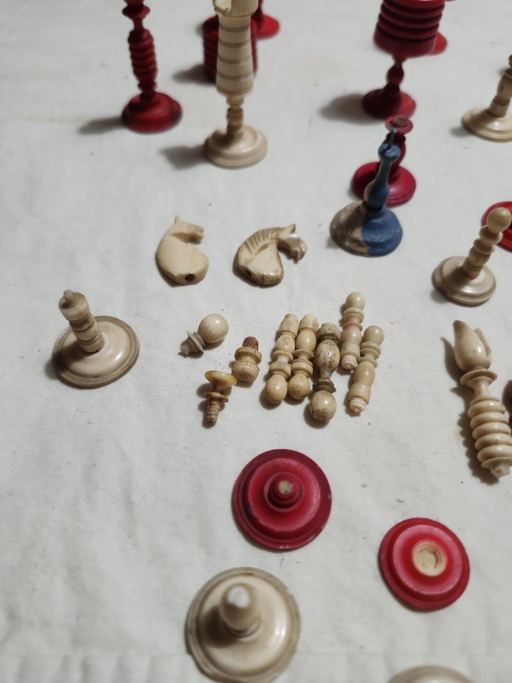 Vtg Carved Bone Chess Lot Red-White Replacement Pieces Vintage -Most ...