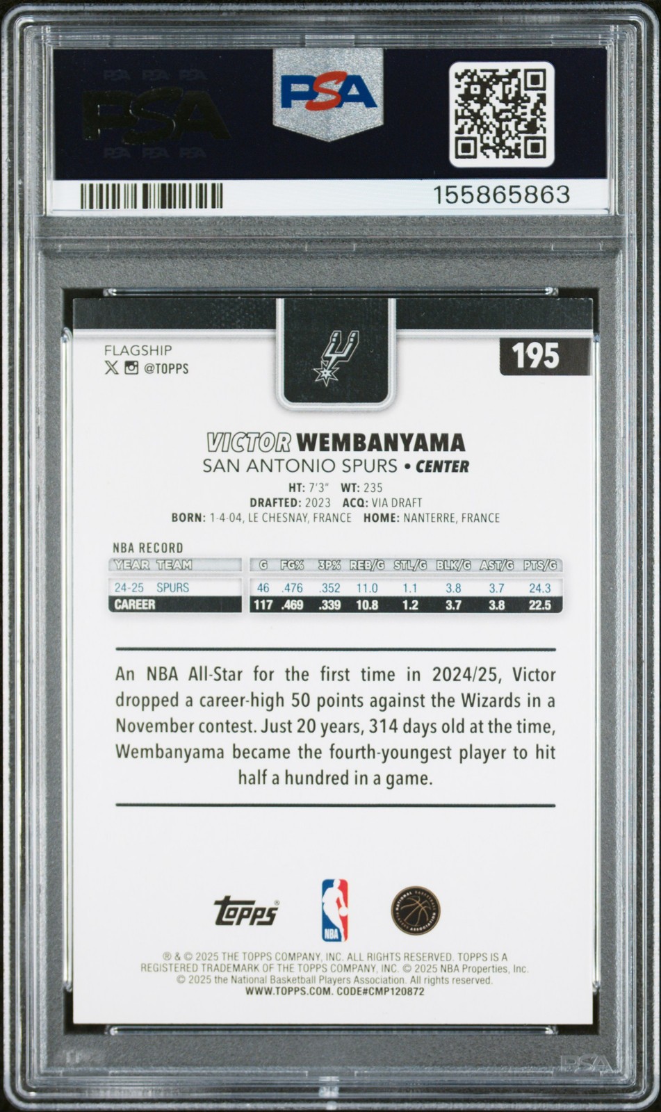 2025 TOPPS BLUE RAINBOW #195 VICTOR WEMBANYAMA 125/150 PSA 9 view 2