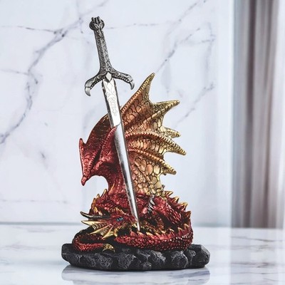 5.75''H Red Dragon Guarding Sword Figurine Ornament Home Decor Unique Gift