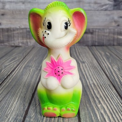 1960s Baby World Elephant PVC Squeaker Squeeze Toy  Green & Pink Vintage VG