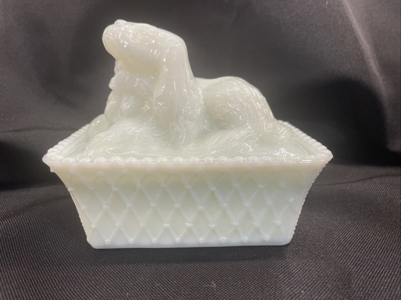 1860s * Boston Sandwich Milk Glass Dog Covered Dish PEKINGESE or SPANIEL