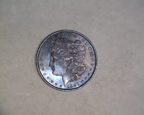 1881-O MORGAN SILVER DOLLAR IN ABOUT UNCIRCULATED WITH LOTS OF TONING