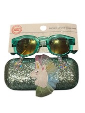 Wonder Nation Girls Unicorn Mint Sunglasses w/ Glitter Hard Case Mirror Lens NWT