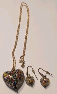 Gold Over Sterling Murano Glass Heart Pendant Necklace & Earrings Set