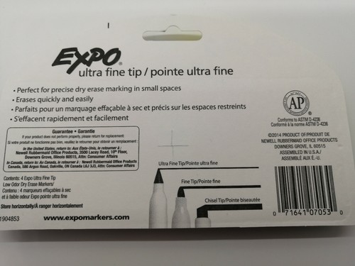 Expo® Low Odour Dry Erase Whiteboard Marker, Ultra-fine. Package of 4, Assorted - Picture 2 of 2