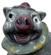 Vintage Crazy Clown Pig Figurine  Hand Painted Gray Porcelain Japan 3”