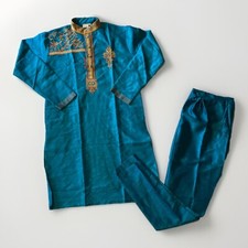 Skavij Kurta Pajama Set Mens Medium India US Turquoise Gold Embroidery Pant Set