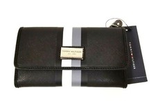 TOMMY HILFIGER BLACK,GRAY+WHITE STRIPED VINYL,TRI-FOLD CHECKBOOK WALLET,CLUTCH