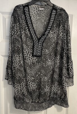 Evolution by JMS Womens Animal Print Top w Chain Sz 1X V Neck Sheer Flare Sleeve