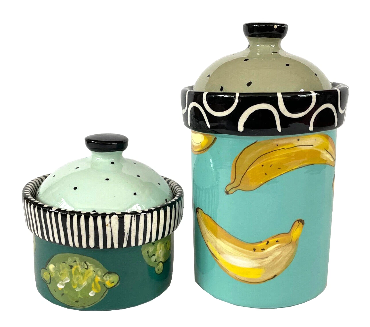 DROLL DESIGNS Canisters Striped Fruit SET of 2: Large 9" Bananas Small 6" Limes