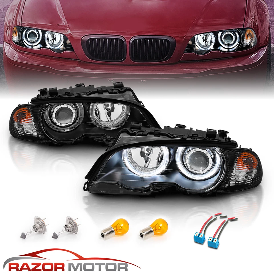 2000-2003 Dual Halo Black Projector Headlights Pair For BMW E46 3-Series Coupe Foto 2 de 4
