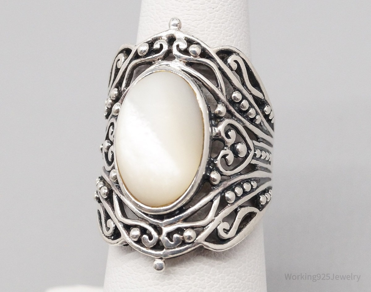 ☆nff☆ heart star mirror key ringwhite pearl nff56 Vintage Designer CFJ Mother Of Pearl Sterling Silver Ring
