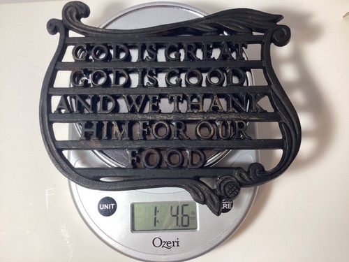 Vintage WILTON Trivet Black Gold Cast Iron "God Is Great" Kitchen Prayer - Picture 7 of 7
