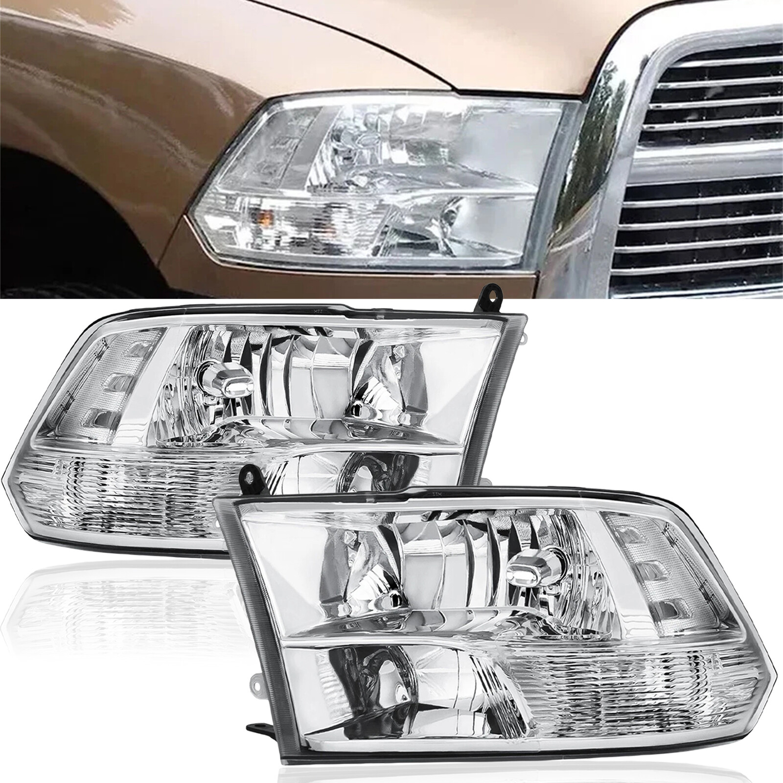 Fit For 09-18 Dodge Ram 1500 2500 3500 Clear Lens Chrome Headlights Left+Right
