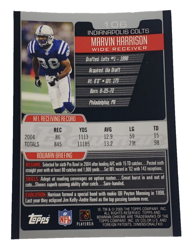 2005 Bowman Chrome Football Marvin Harrison #106 Indianapolis Colts NFL HOF - Picture 2 of 2
