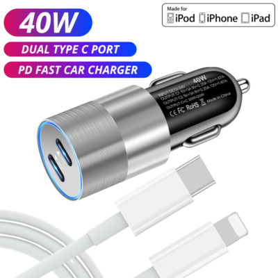 Fast Car Charger Cable For iPhone 14 13 12 11 Pro Max 40W Dual PD Type C Adapter