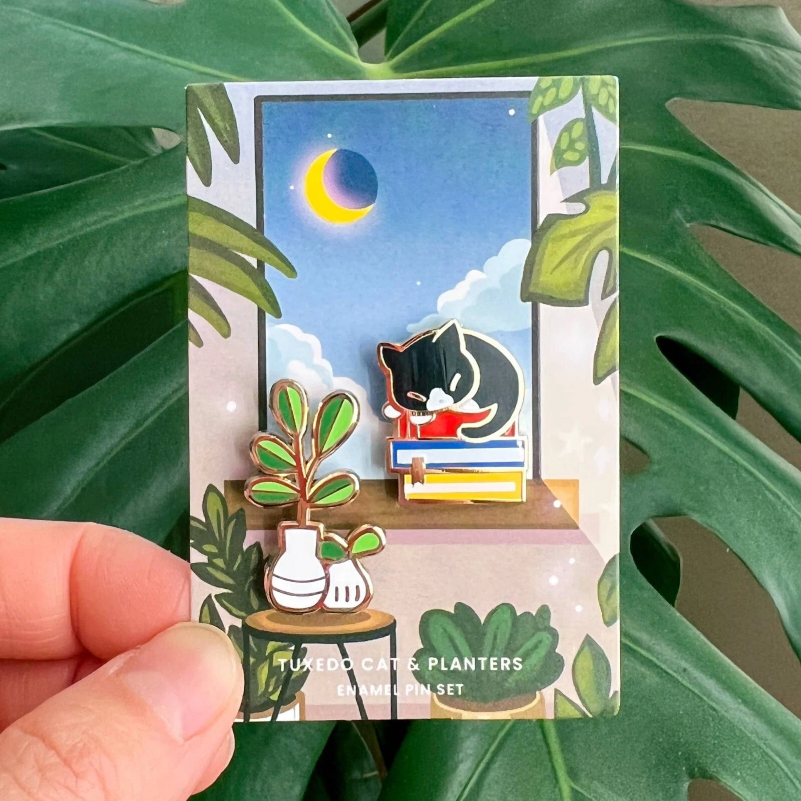 Tuxedo Cat and Planters Enamel Pin Set - Set of Two Pins - Nature Jewelry