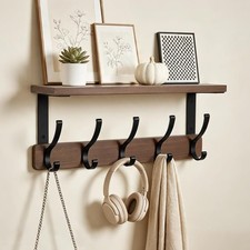 Rustic Wood Wall Coat Rack Shelf with 5 Dual Hooks for Entryway Keys Hats