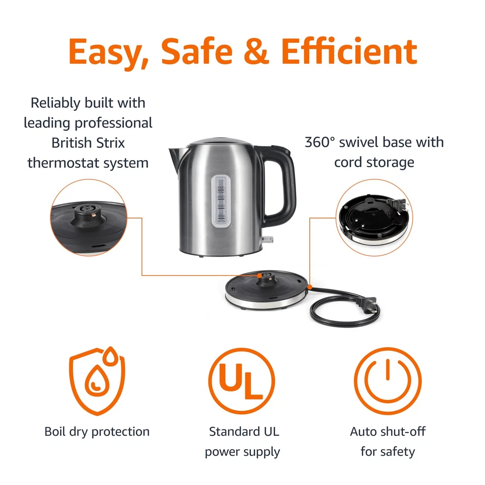 1.1Qt Electric Kettle, Stainless Steel, Auto Shut-Off, 1500W, Black & Silver - Image 3 of 4