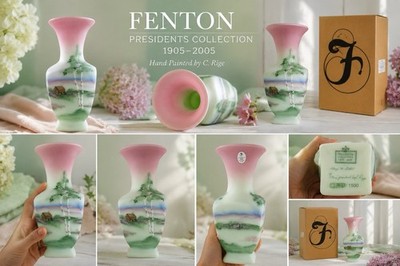 Fenton Presidents  Collection Lotus Mist Burmese Scenic Vase ( Cabin & Trees )