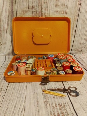 VTG WILSON WIL-HOLD SEWING BOX, W/SUPPLIES + Bone Neeles & Antique Scissors 