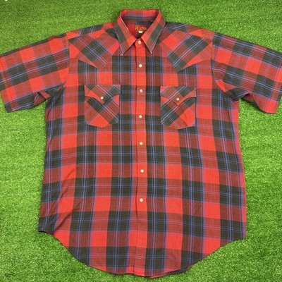 VINTAGE Ely Plains Rider Shirt Men Large Red Western Pearl Snap Plaid Cowboy