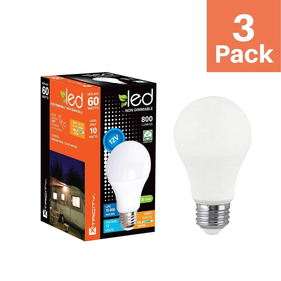 10W LED A19 Bulb 3000K Soft White 800 Lumens E26 12V Replacement for RVs Boats - Image 2 of 4