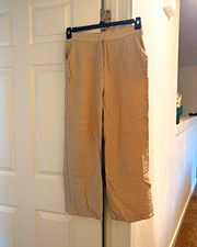 Women  s Beige Cotton Canvas Drawstring Elastic Waist Wide-Leg Cropped Pants